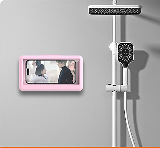 Waterproof Wall-Mounted Phone Holder for Bathroom, Anti-Fog HD Touchscreen Case, Moisture-Proof Protective Box (Pink, 7.5 x 4.3 Inches)