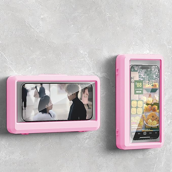 Waterproof Wall-Mounted Phone Holder for Bathroom, Anti-Fog HD Touchscreen Case, Moisture-Proof Protective Box (Pink, 7.5 x 4.3 Inches)