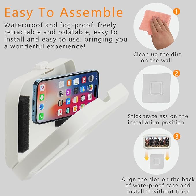 Shower Phone Holder Waterproof, 360° Rotation Mobile Phone Stand, Wall Mounted Anti-Fog Cellphone Case Accessories Universal for Bathroom Bathtub Kitchen for up to 7 Inch Cellphone