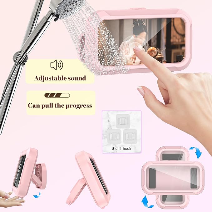 360° Rotatable Retractable Adjustable Shower Phone Case Holder,Pack of 2，Anti-fog HD & sensitive screen ,Wall Mounted Phone Holder for Bathroom Mirror Bathtub Kitchen, for 4-7" Phones, White+Pink