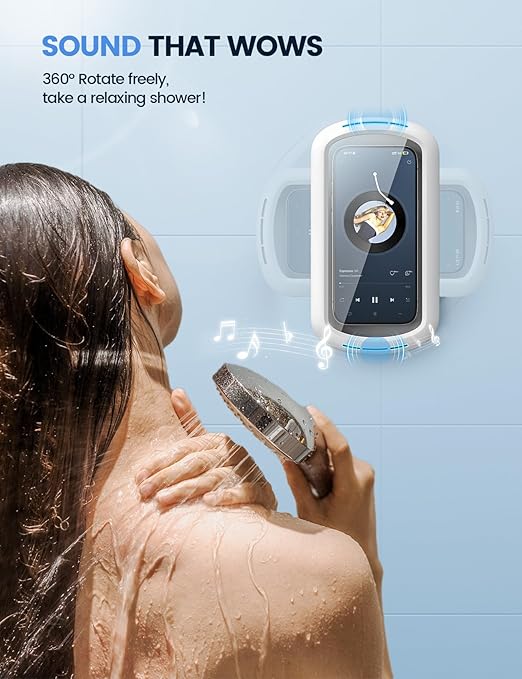 Shower Phone Holder Waterproof - Clear Sound Quality with Speaker Hole and 480° Rotating Shower Box, Locking Buckle IPX6 Waterproof Wall Mount Bracket