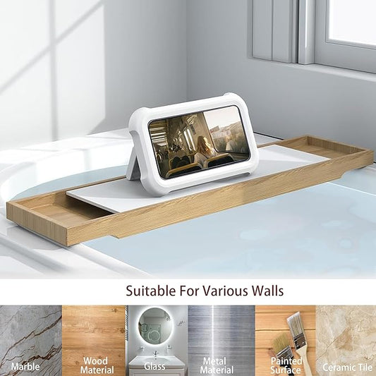 360° Rotatable Retractable Adjustable Shower Phone Case Holder,Pack of 2，Anti-fog HD & sensitive screen ,Wall Mounted Phone Holder for Bathroom Mirror Bathtub Kitchen, for 4-7" Phones, White+Pink