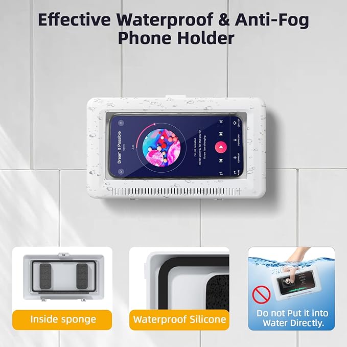 Shower Phone Holder Waterproof, Phone Holder for Shower with Touch Screen 360° Rotatable Retractable 60° Opening Angle Wall Mounted Waterproof Phone Case